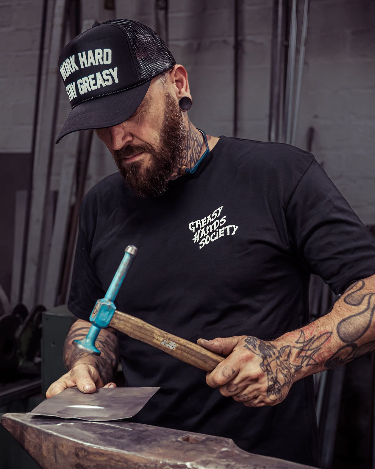 work hard stay greasy black trucker hat with mesh back